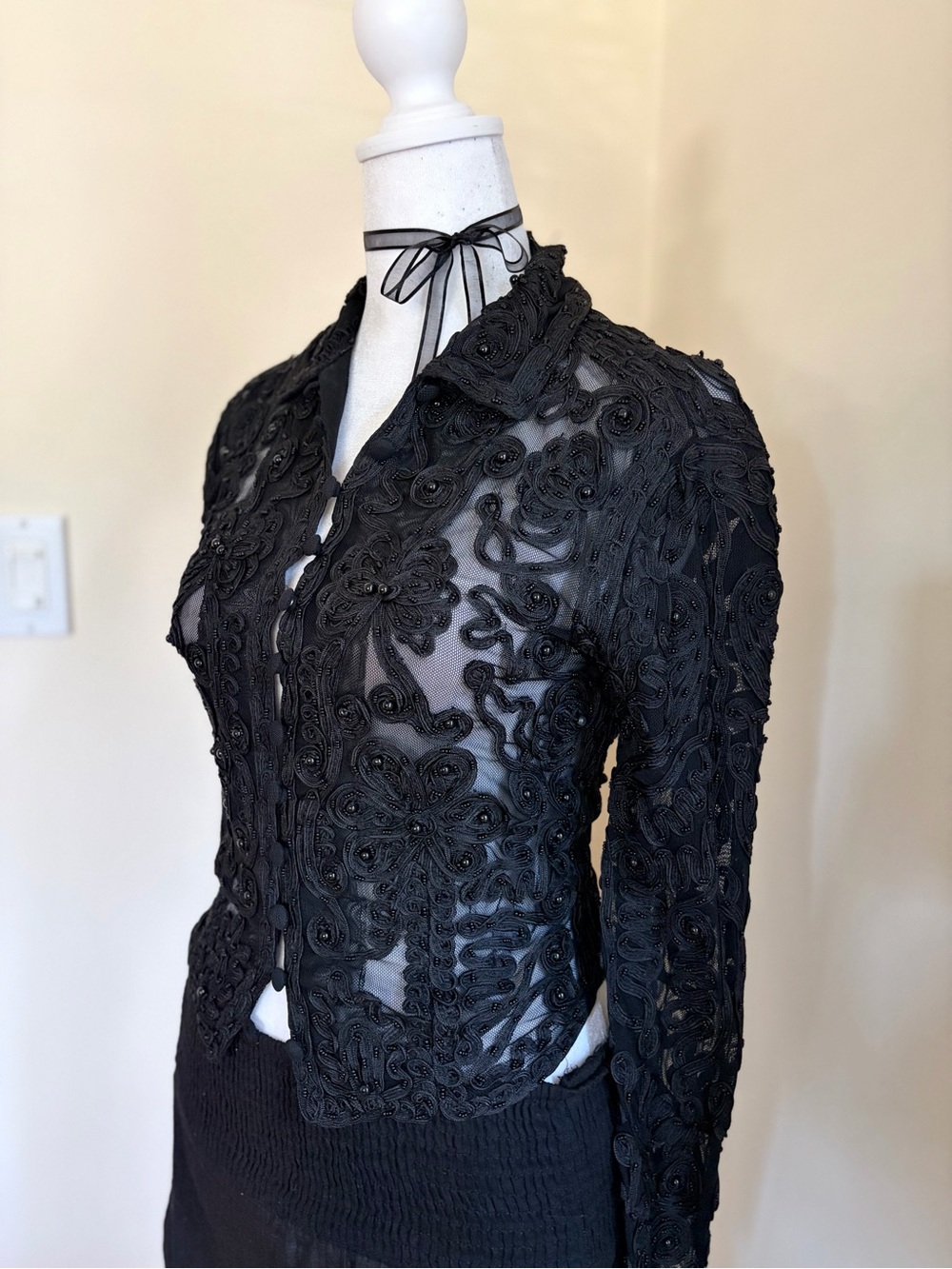 Vintage Y2K Cache beaded embroidered lace formal black blouse goth European M - Picture 6 of 11